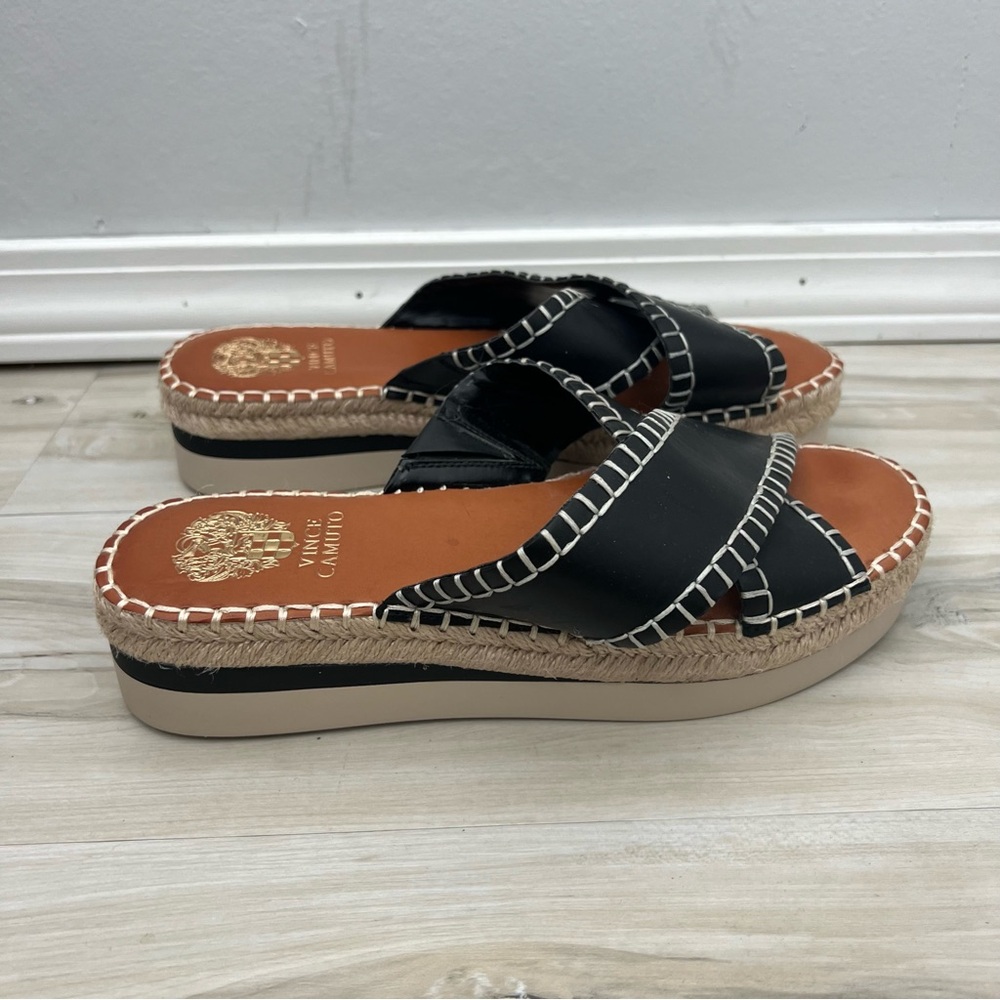 Vince Camuto Belisnda Black Slide Platform Sandals Contrast Stitching Wide